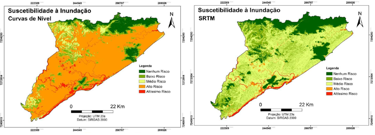 Suscetibilidade à inundação para o município de Iguape – SP utilizando curvas de nível (esquerda) e SRTM (direita) como dado topográfico