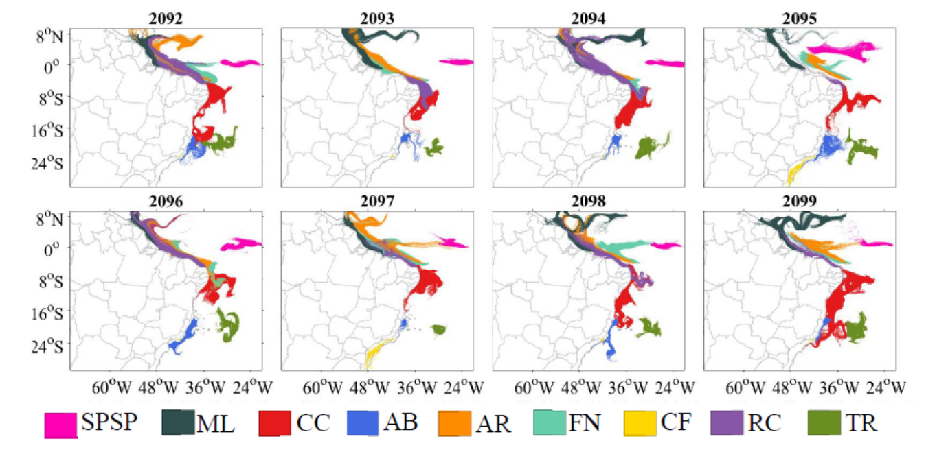 Padrões de dispersão de ovos e larvas de Ichthyop para os verões das simulações horárias nos cenários de aclimatação. Onde: SPSP – Arquipélago de São Pedro e São Paulo; ML – Parcel Manuel Luíz; CC – Costa dos Corais; AB – Abrolhos; AR – Atol das Rocas; FN – Fernando de Noronha; CF – Cabo Frio; RC – Recife de Corais; TR – Ilhas de Trindade e Martim Vaz.