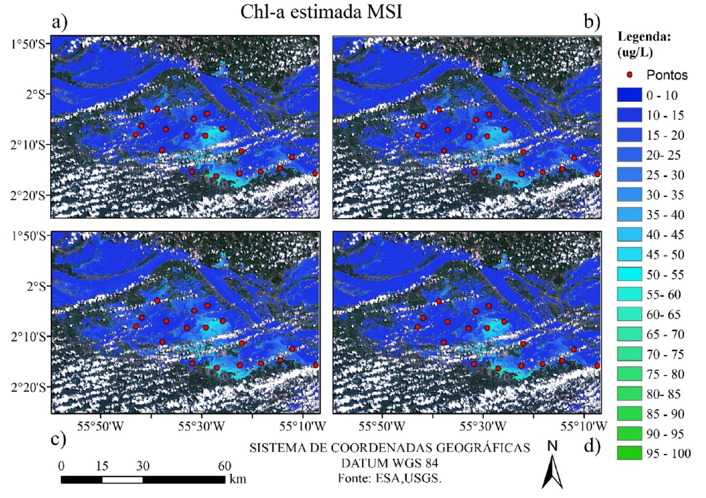 Algoritmos calibrados com dados in situ especializados para o sensor MSI. Sendo os algoritmos:  a) NDCI (linear), b) NDCI (quadrático), c) 2B-M (linear), d) 3B-M (linear).