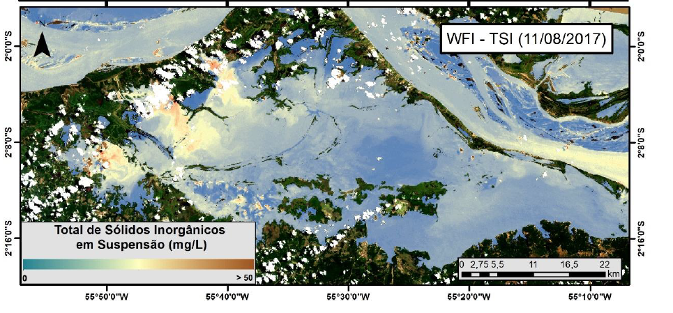 Mapa de TSI obtidos pelos sensores MSI, OLI e WFI através dos algoritmos empíricos que apresentaram os melhores resultados.